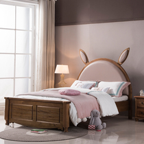  Golden silk sandalwood rabbit ears childrens bed Cartoon girl princess bed Girl child solid wood wood wax oil single leather bed
