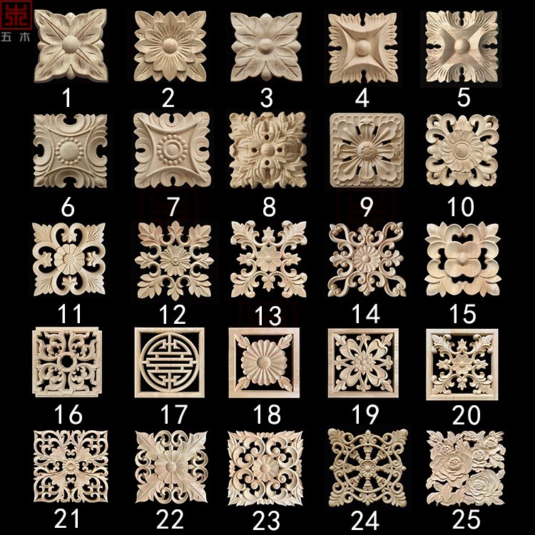 Dongyang wood carving Central European solid wood decal hollow square decal furniture cabinet door decoration wood carving flower piece