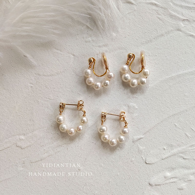 lace without ear holes original design 5mm strong light freshwater pearl hand-woven ring mosquito coil ear clip earrings