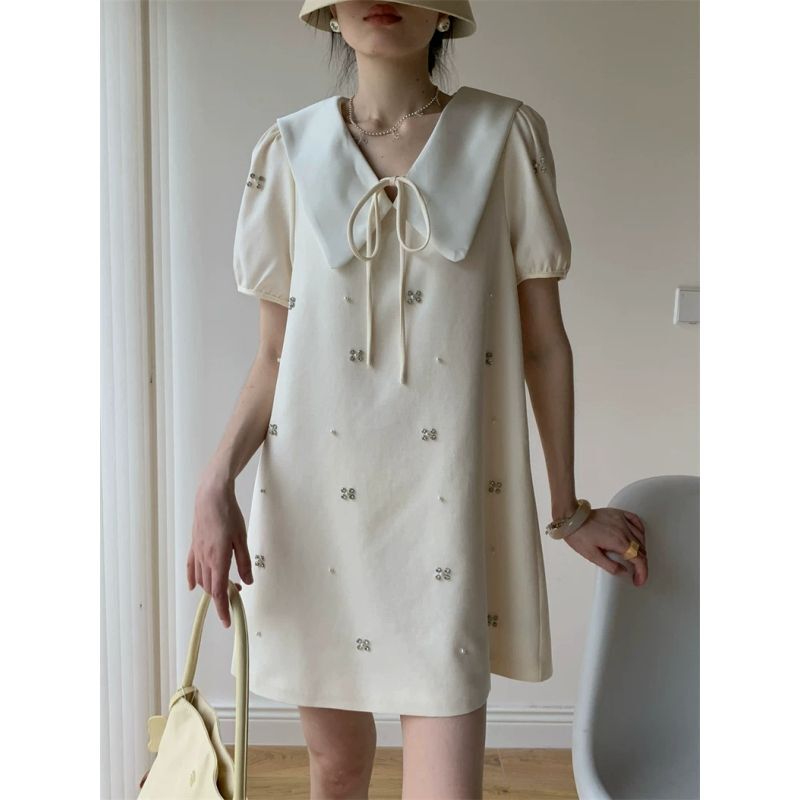 Plus Size Fat mm 150kg French-Style Heavy Beading Doll Collar Dress for Women, Summer High-End Puff Sleeve Little Black Dress 2