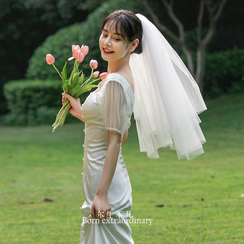 008 new bridal collar certificate of marriage registration small head yarn light wedding dress photo supersenssen Props Short head yarn