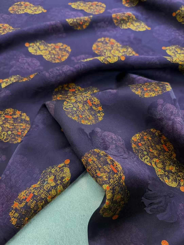 Purple Gourd Pattern Perforated Silk Fabric with Red Cloud Yarn, Elegant Dress, Shirt, Qipao, Mulberry Silk Material