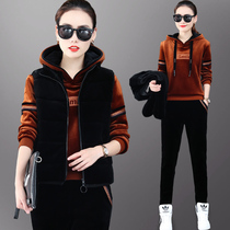 Double-sided gold velvet sportswear suit women winter plus velvet padded three-piece vest fashion loose sweater casual wear