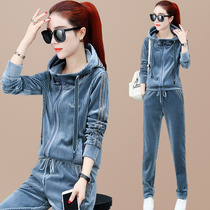 Gold velvet wide leg pants womens suit 2021 new spring and autumn fashion Western style thin sportswear casual two-piece set