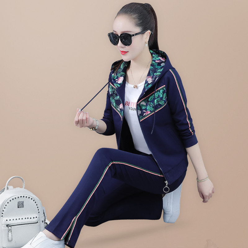 Pink Printed Sports Suit Women's Autumn 2022 New Spring and Autumn Fashion Hooded Loose Western Style Casual Three-piece Suit