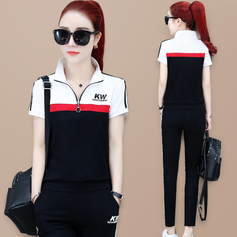 Fashion stand-up collar casual sports suit women's summer 2021 new short-sleeved trousers Korean slim running two-piece set cotton