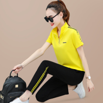 Short sleeve sportswear suit women summer 2021 New Cotton running loose fashion collar trousers casual two-piece set