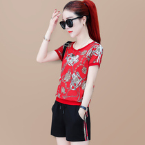 european style women's casual short sleeve shorts suit summer 2022 new mesh printed fashion korean style sports two-piece set