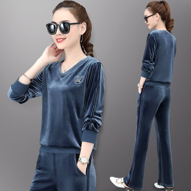 Golden Velvet Leisure Sports Set Women Spring and Autumn 2021 New Fashion Korean Loose Pullover Velvet Two-piece Set