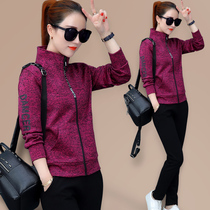 Sports suit womens spring and autumn 2021 new stand-up collar loose fashion slim slim casual sweater two-piece large size