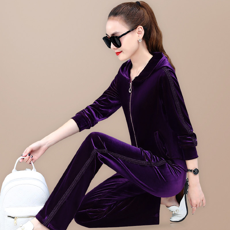 Golden Velvet Casual Suit Woman Spring Autumn Loose Even Hat Long Sleeve Blouse Blouse Trousers Foreign Pie and Thin Trends Two Sets