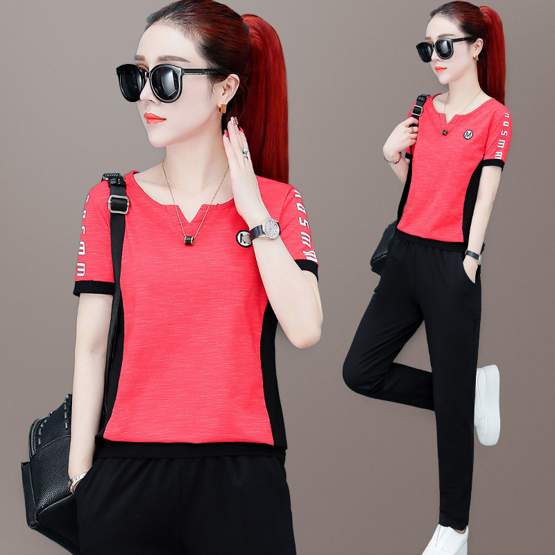 Summer sports suit women 2022 new loose short sleeves 90% long pants fashion Han version of slim fit two sets