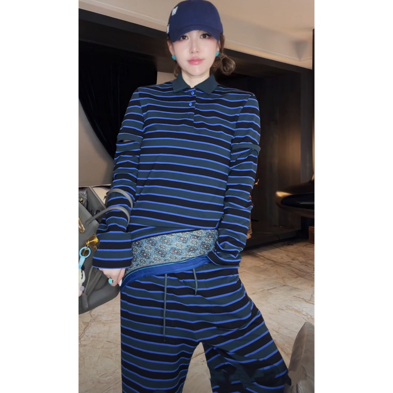 European Station 2026 Autumn Collection Ha European Goods Polo Collar Striped Detachable Sleeve Top + Elastic Waist Cropped Pants Set European Station 2026 Autumn Collection Ha European Goods Polo Collar Striped Detachable Sleeve Top + Elastic Waist Cropped Pants Set