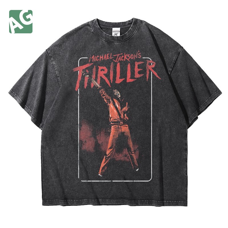 Loose Washed Heavyweight European and American Mj Michael Jackson Pure Cotton Short-Sleeved T-Shirt for Men and Women in Summer