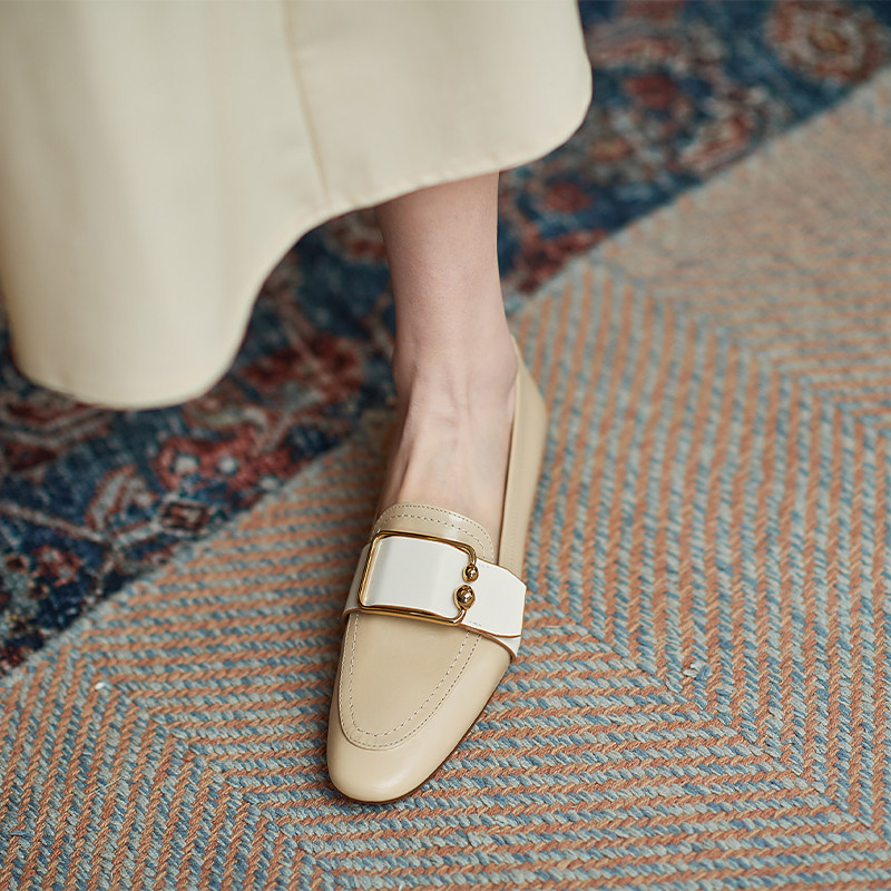 Givenivan donning not want to take off ~ metal buckle foe shoes women comfort small leather shoes square button single shoe flat bottom 1cm