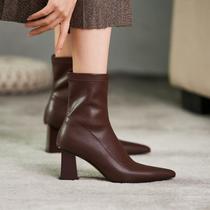  Givenivan retro fashion~High-heeled booties womens autumn and winter mid-tube elastic thin boots thick heel pointed 7cm