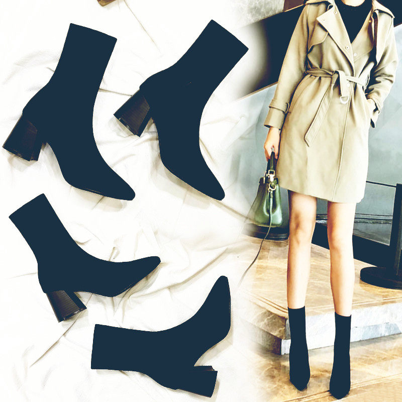 Givenivan net red skinny boots women's pointed toe high-heeled thick-heeled ankle boots autumn and winter knitted elastic boots mid-heel