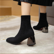  Givenivan super all-match~High-heeled stretch booties womens new thick-heeled square suede skinny boots 6 5cm