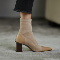  Givenivan ins Thin boots~Square head high-heeled booties Womens frosted elastic boots mid-tube thick heel 7 5cm