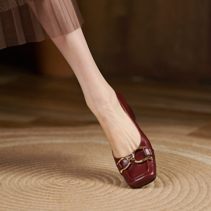 Givenivan new product recommendation ~ metal buckle square head shoes female light mouth coarse heel temperament high heel shoes 3 5cm