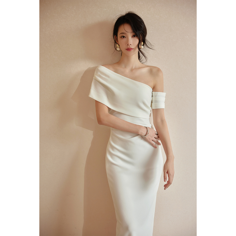 French-Style Off-Shoulder Asymmetrical White Dress for Women, Elastic Bodycon Midi Dress, Mini Dress