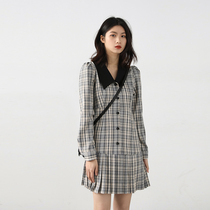 CHICVEN play space retro color v-neck waist check dress temperament plaid pleated middle skirt