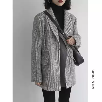 CHICVEN2019 winter New twill tweed thick woolen coat medium long version female winter fake two blouse
