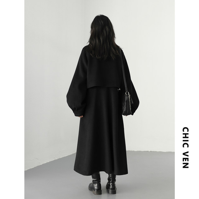 CHICVEN retro silhouette fake two-piece waist raglan sleeve long coat women's warm wool woolen coat winter