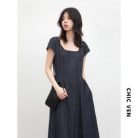 [6.15 New Product] Summer New Style Square Neck Waist A-line Profile 1/4-inch Socket Wrench Sleeve Imitation Denim Retro Dress for Women