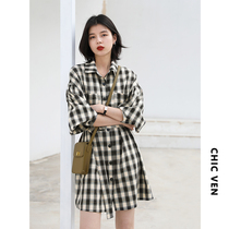 CHICVEN Sunlight Allure Korean casual loose check shirt skirt lace-up waist long sleeve dress