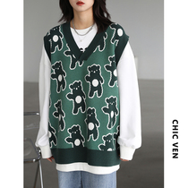 CHICVEN return to school age reduction V collar loose color color cartoon bear knit horse clip wool vest female autumn