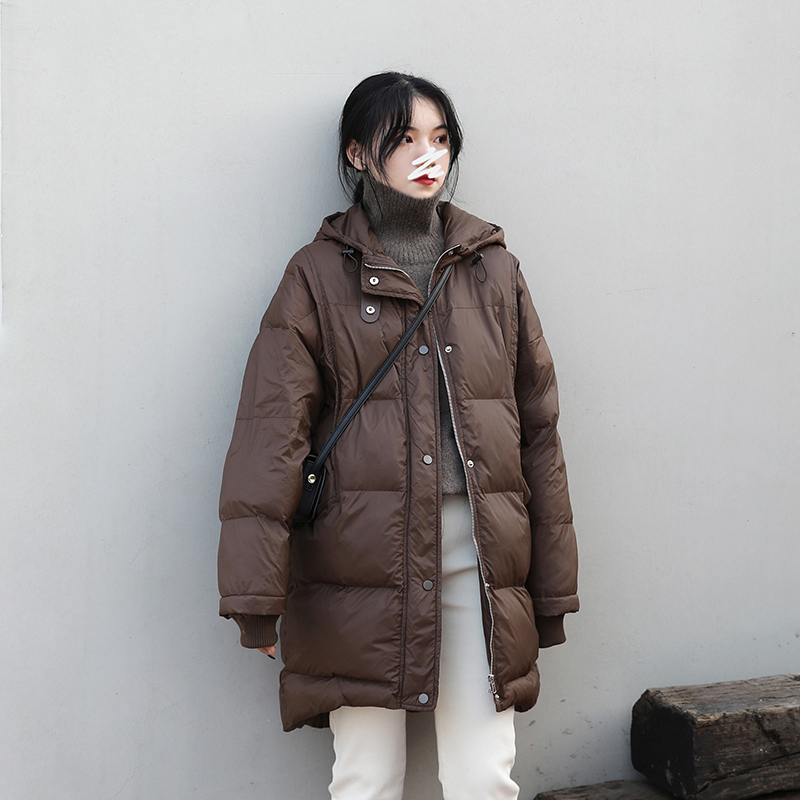 CHICVEN autumn and winter new solid color hooded cotton jacket retro simple loose medium and long version of the quilted jacket for women 