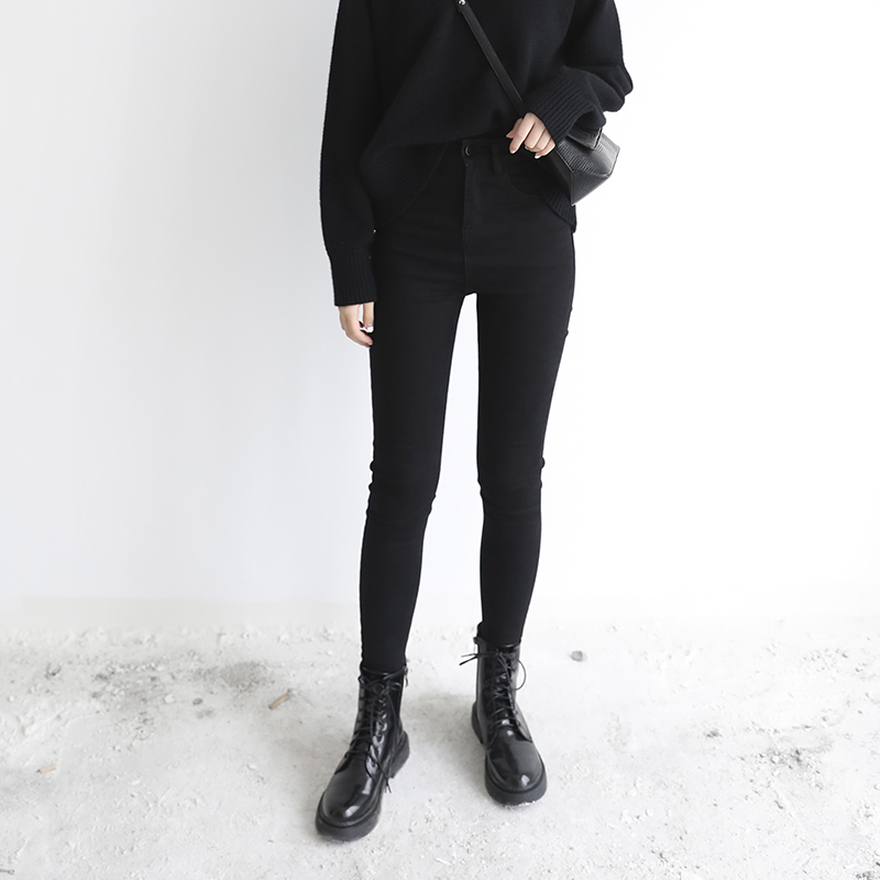 Enter the store BI into retro high waist velvet thickened small feet jeans slim slim nine-point pencil pants women's winter