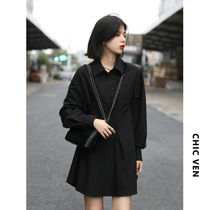 CHICVEN return to school early autumn temperament pinch pleated waist lapel black slim shirt dress women