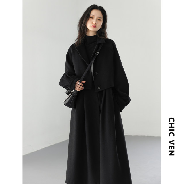 CHICVEN retro silhouette fake two-piece waist raglan sleeve long coat women's warm wool woolen coat winter