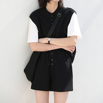 CHICVEN Island Street Leisure Waffle Fake Two Short Sleeve Sports Shorts Two Piece Set Women