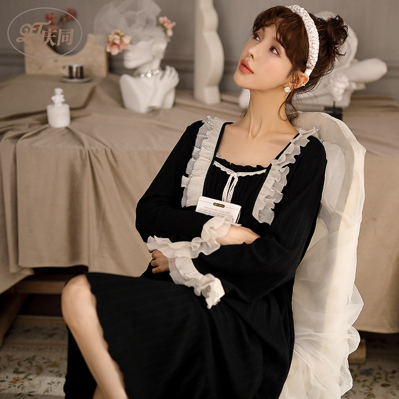 Qingtong Sleeping Skirt Woman Summer Pure Cotton Short Sleeve Black Princess Wind Easy Pregnant Woman Large Size Code Spring Autumn Long Sleeve Sleeping Suit Suit