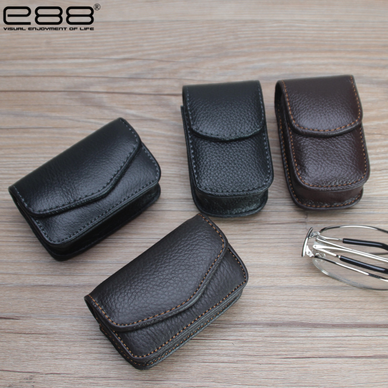 E88 Genuine Leather Glasses Case Foldable Reading Glasses Case Belt-Worn Waist Bag Men's Cowhide Portable Eyewear Pouch