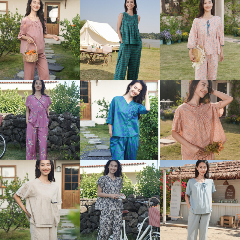 Free Shipping Special Price Korean Green Genuine Pajamas for Women, Summer Short-Sleeve Long Pants, All-Cotton, Comfortable and Breathable Home Wear for Women and Men
