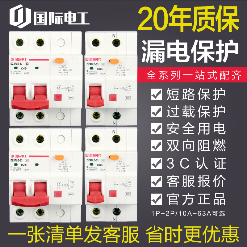 International Electrician Mini Breaker DZ47 Home Electric Gate 1 2P63A Total Air Switch With Earth Leakage Protector