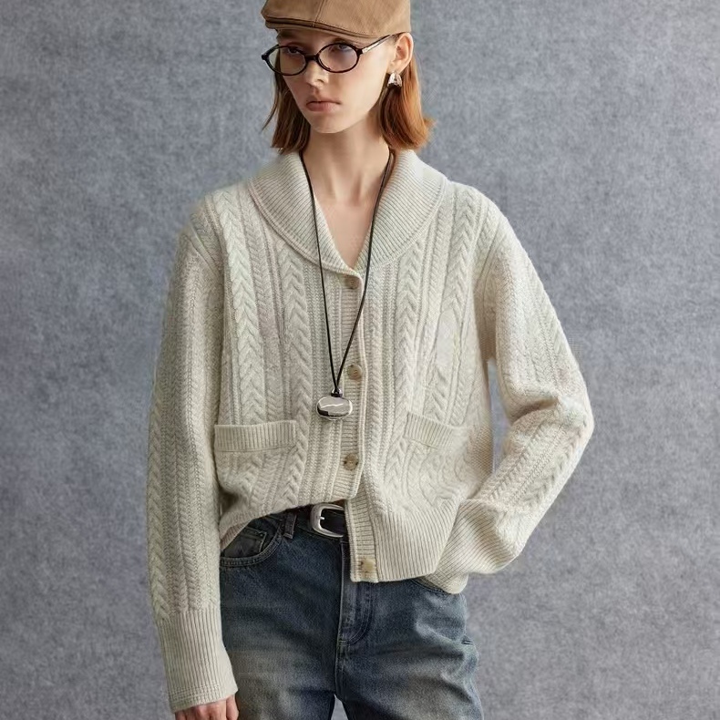 Trendy and Stylish!!!! Women's Thick Cable Knit Cashmere Cardigan with Fashionable Green Fruit Collar and Pockets