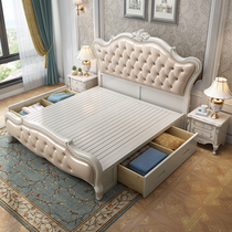 European-style bed Double bed Master bedroom full solid wood 1 8 meters storage leather wedding bed Modern simple princess bed furniture