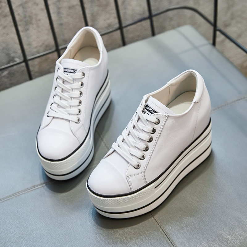 Inside heightening 12cm women shoes Slim Ultra High Heel Genuine Leather Small White Shoes Thick Bottom Pine Pastry Laces Hate Days High Casual Bag Shoes