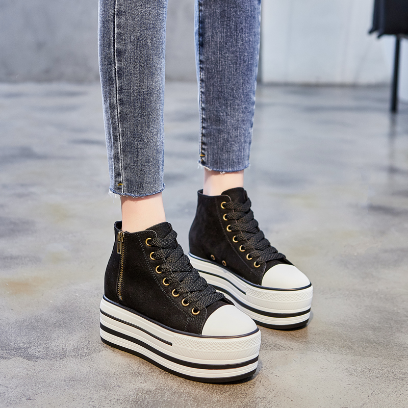 Net Red Casual Little Sub High Drum Shoes Woman Retro interior heightening 100 hitch plate Shoe thick bottom pine pastry Lace Up Short Boot Tide