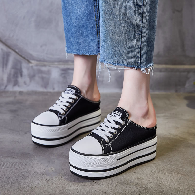 Baotou Half slipper female Summer outside wearing a foot pedal Korean version canvas casual thick bottom pine cake without heel heightening sloth shoes