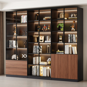 Black Bookcase, Vintage Light Luxury Glass Display Cabinet, Living Room Integrated Wall Bookshelf, Storage for Lego Models