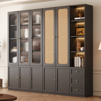 Black Rattan Bookcase, Vintage Mid-Century Glass Display Wine Cabinet, Integrated Wall-To-Ceiling Storage, Living Room Wall-Mounted Bookshelf