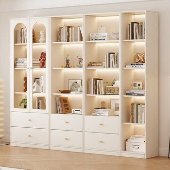 Cream-Colored Glass-Door Display Cabinet, Bookcase, Integrated Wall Display for Living Room, Wine Cabinet, Model Lego Figurine Bookshelf