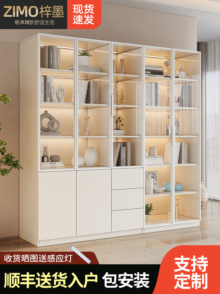 Cream-Style Bookcase Integrated with the Entire Wall to the Ceiling, High-End Modern Minimalist Display Cabinet with Glass Doors and Solid Wood Wine Cabinet Combination