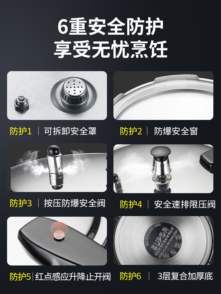 Supor 304 Stainless Steel Pressure Cooker for Home Use, Compatible with Gas and Induction Cookers, Thickened Explosion-Proof Small Pressure Cooker for Commercial Use